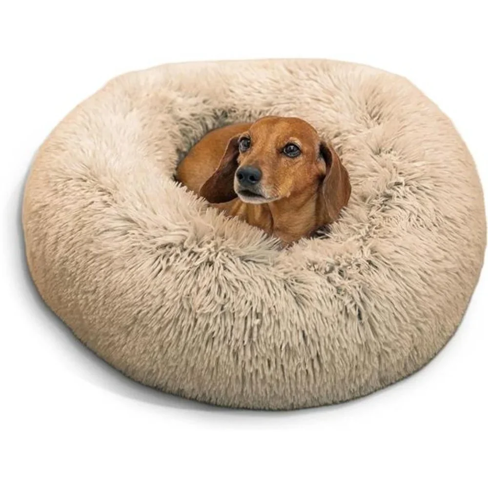 The Original Calming Donut Cat and Dog Bed in Shag Fur Taupe, Small 23